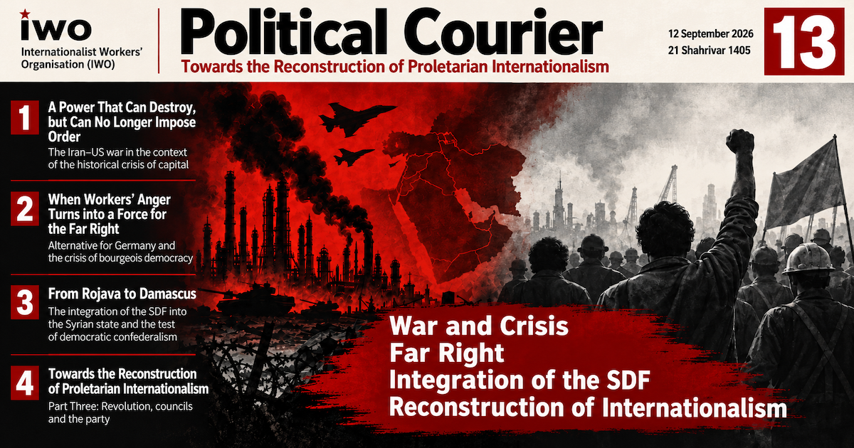 Political Courier 13 cover on the Iran-US war, Germany’s far right, Rojava and the reconstruction of proletarian internationalism