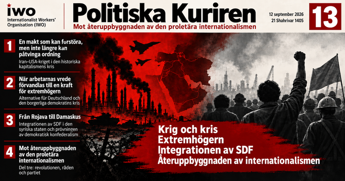 Omslag till Politiska Kuriren 13 om Iran-USA-kriget, extremhögern i Tyskland, Rojava och proletär internationalism