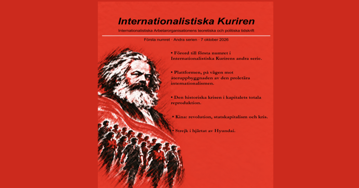 Omslaget till Internationalistiska Kurirens första nummer i den nya utgivningsperioden, med Karl Marx porträtt mot röd bakgrund.